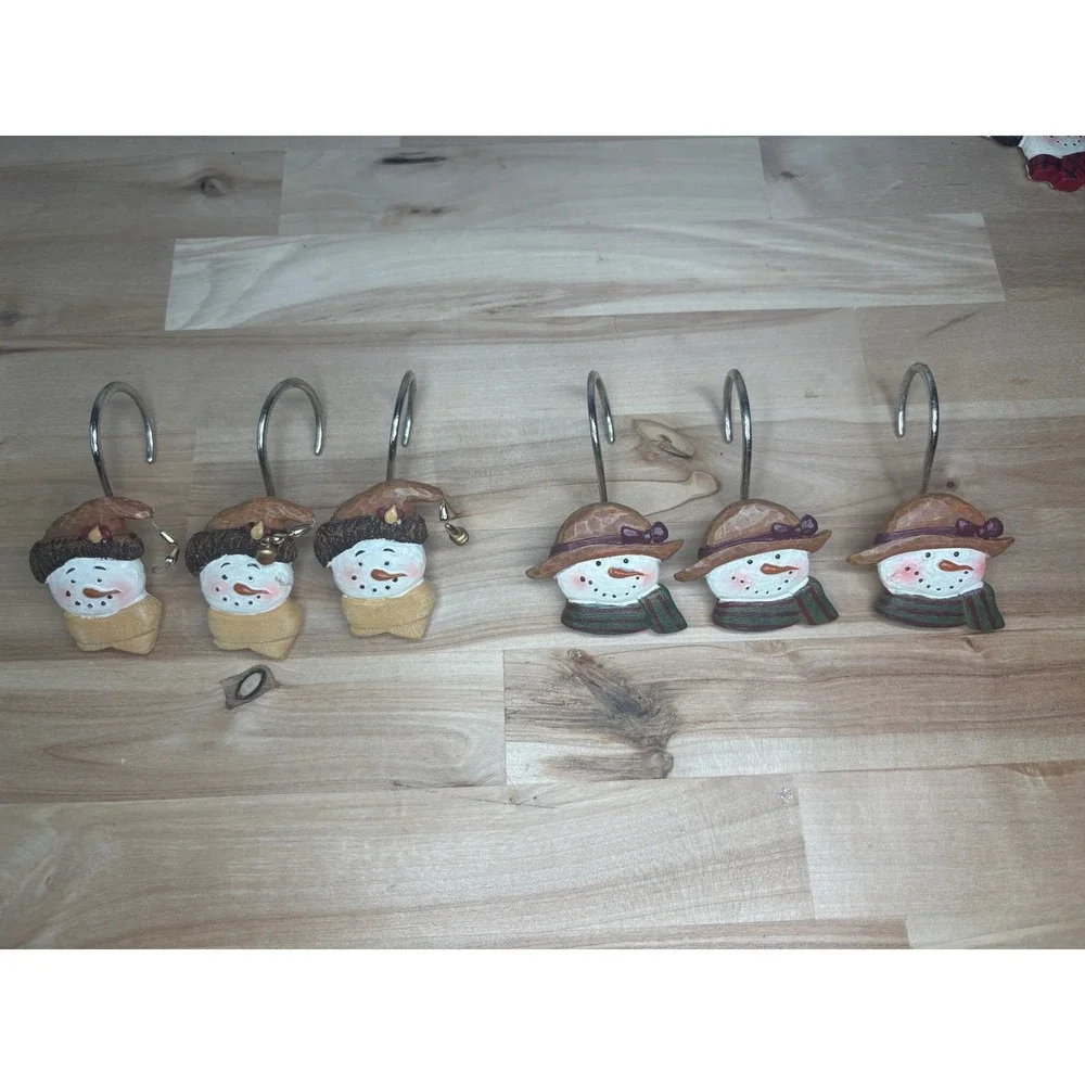 Vintage Snowman Shower Curtain Hooks Set of 12 Christmas Holiday Resin Decor